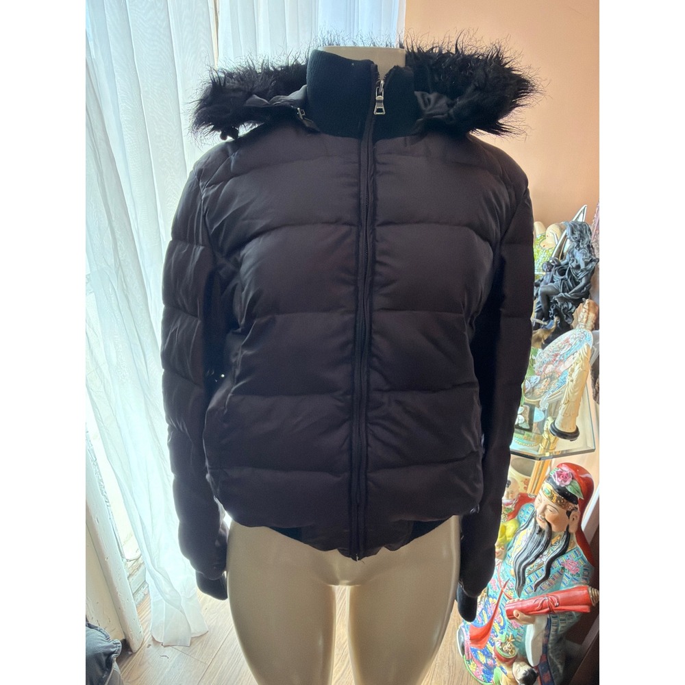 Guess Company 047 Puffer Jacket Brown Faux Fur Hood Quilted Bomber Coat Womens L